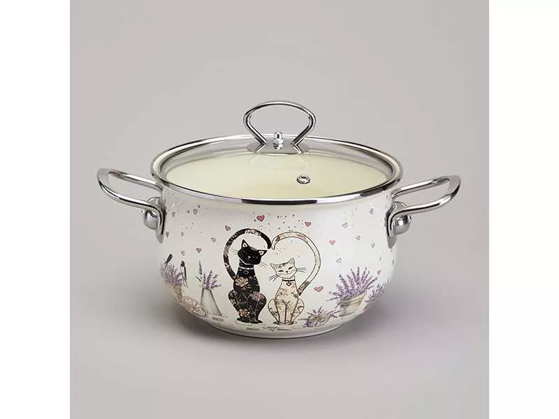 Кастрюля Агнесс эмаль Лавандовые кошки 2,8л 20см, сталь арт.943-077 по цене 