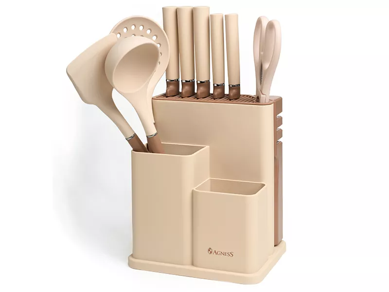 Набор Агнесс из 11пр: 5 ножей,половник,лопатка,шумовка,подставка,ножеточка и ножницы, бежевый арт.67 по цене 