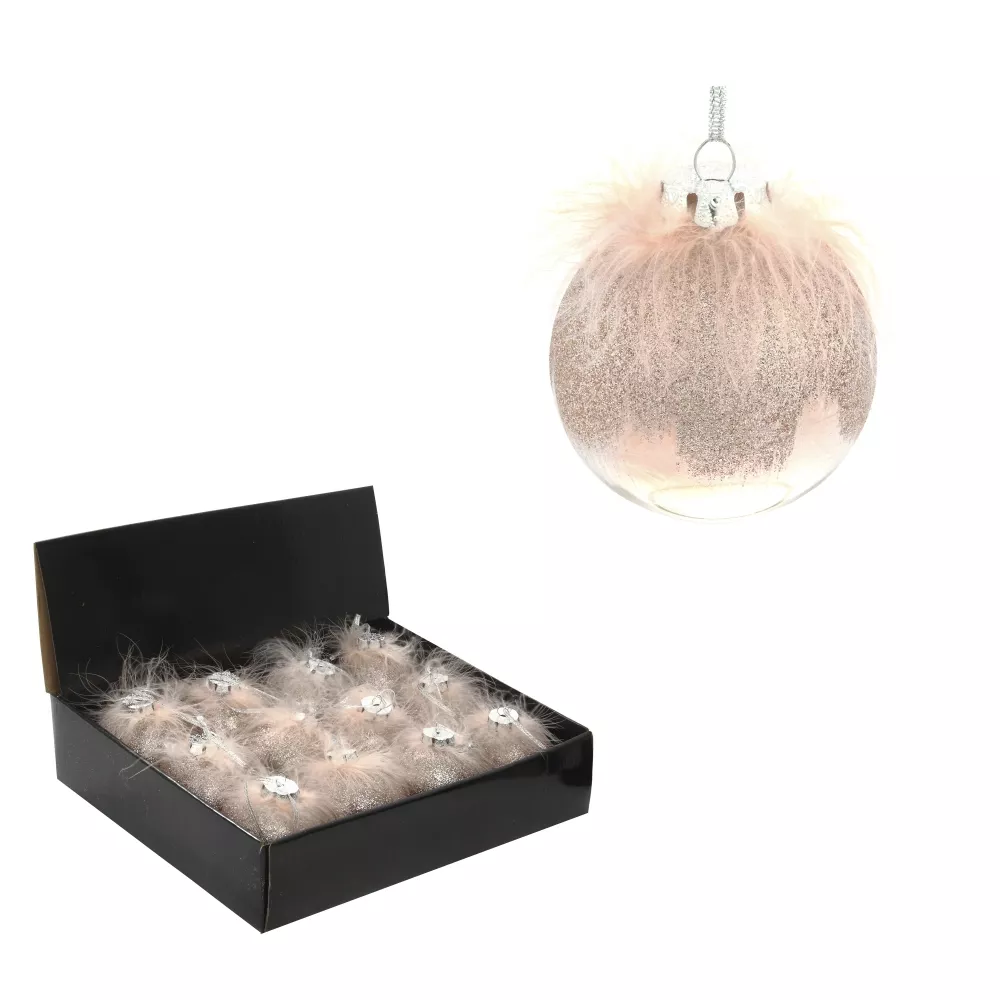 Украшение Шар Перышко страуса 8см набор 12шт, пластик арт.744592 по цене 