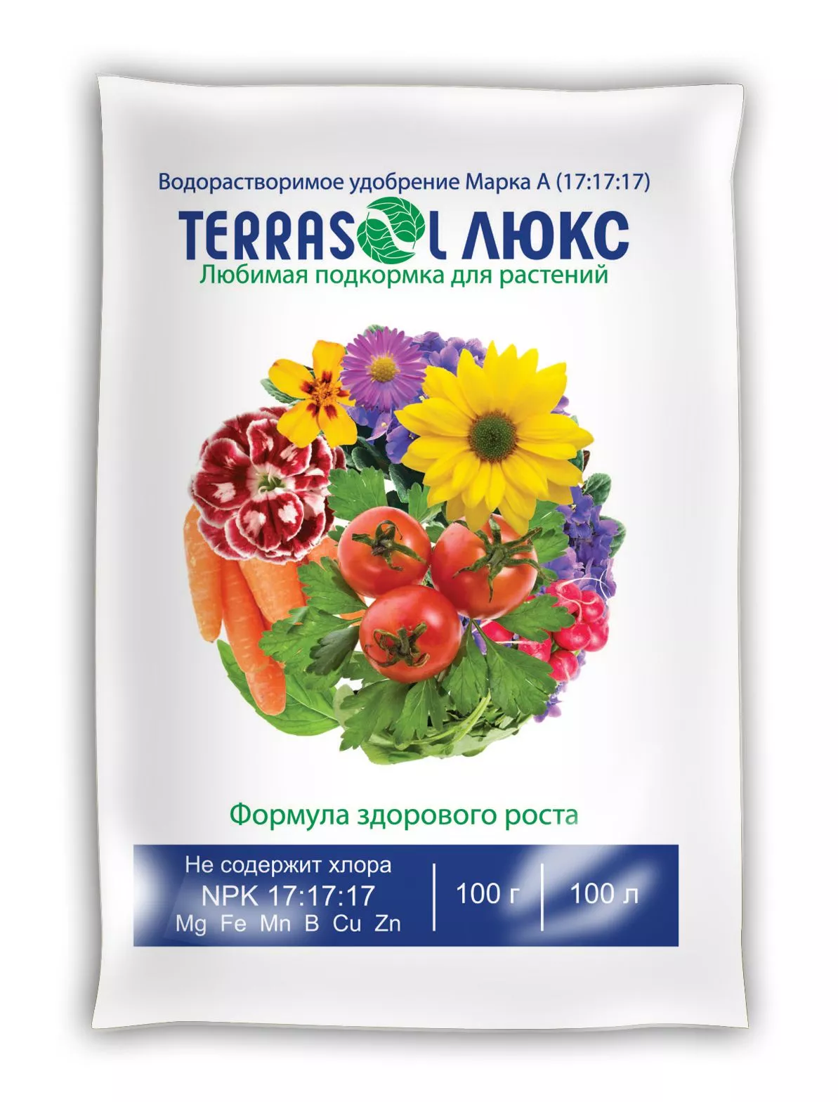 Удобрение сухое Террасол ЛЮКС минеральное универсальное водорастворимое 100гр по цене 