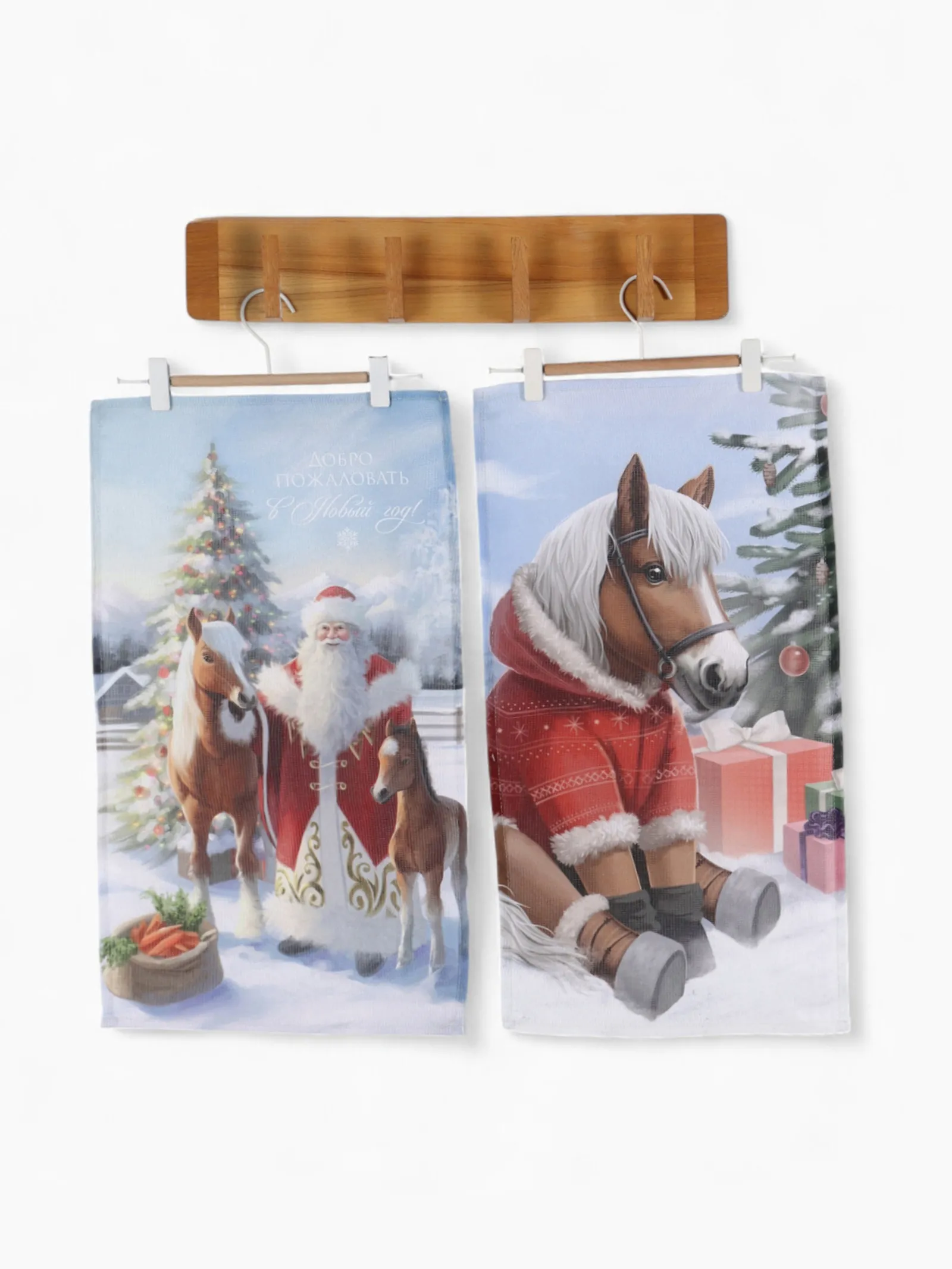 Набор кухонных полотенец Доляна Лошадь и Дед Мороз 35×60см 2шт, хлопок арт.10900089 по цене 