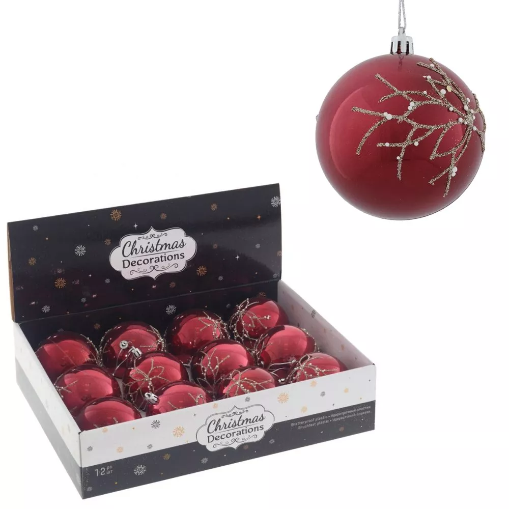 Украшение новогоднее Шар Золотая ветка, красный 1шт, 8см по цене 