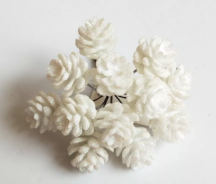 Набор шишек с глиттером на вставках 12шт белый 2x12см по цене 