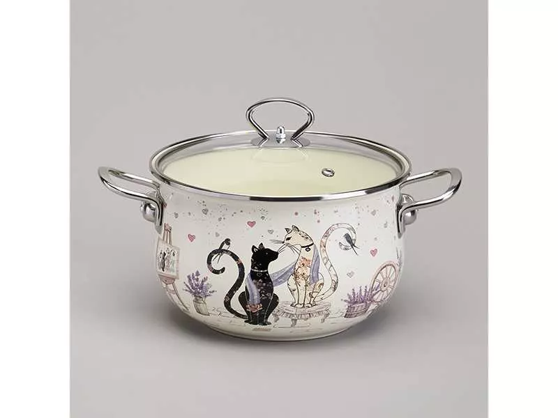 Кастрюля Агнесс эмаль Лавандовые кошки 3,8л 22см, сталь арт.943-078 по цене 