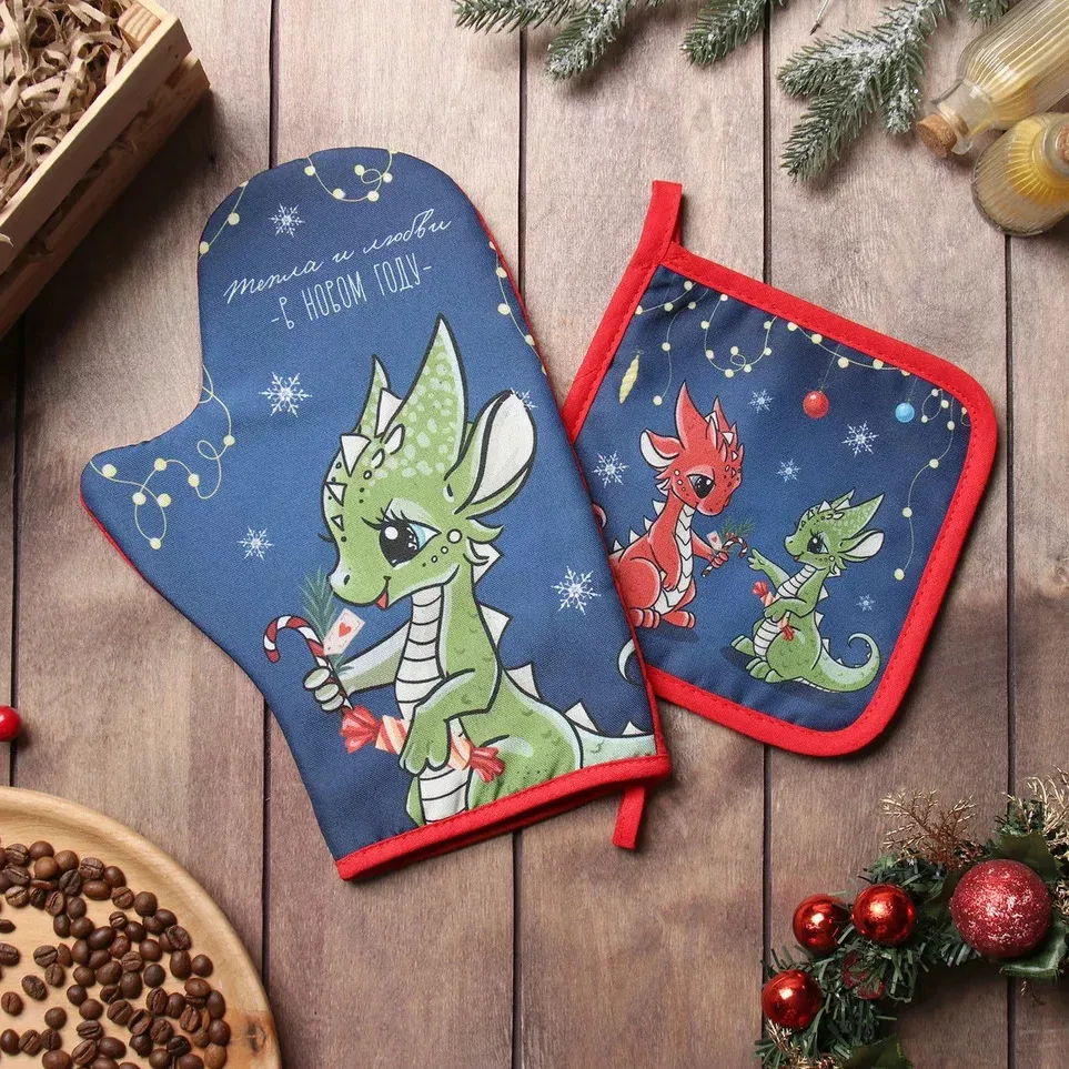 Набор кухонный Доляна Новогодний дуэт: варежка 20х28см, прихватка 17х17см арт.9606018 по цене 