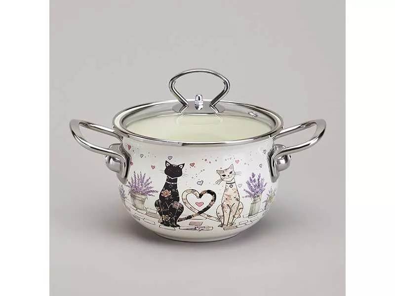 Кастрюля Агнесс эмаль Лавандовые кошки 1,5л 16см, сталь арт.943-075 по цене 