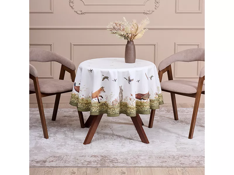 Скатерть круглая Охота 150см зеленый хлопок,твил пропитка арт.850-751-23 по цене 