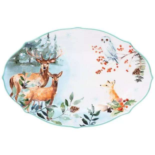 Блюдо овальное Лефард Олени и лиса фарфор голубой  30,5х20см по цене 