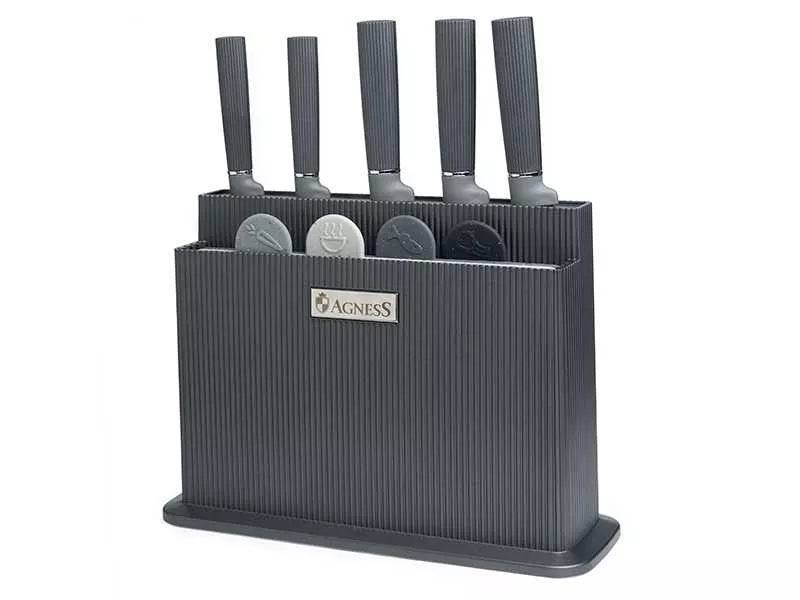 Набор ножей Агнесс из 10пр: 5 ножей, 4 доски и подставка, черно-серый арт.671-215 по цене 