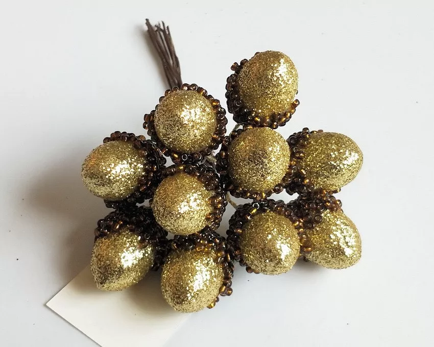 Изделие декоративное Набор желудей с глиттером на вставках 10шт, золото 2x3x12см по цене 