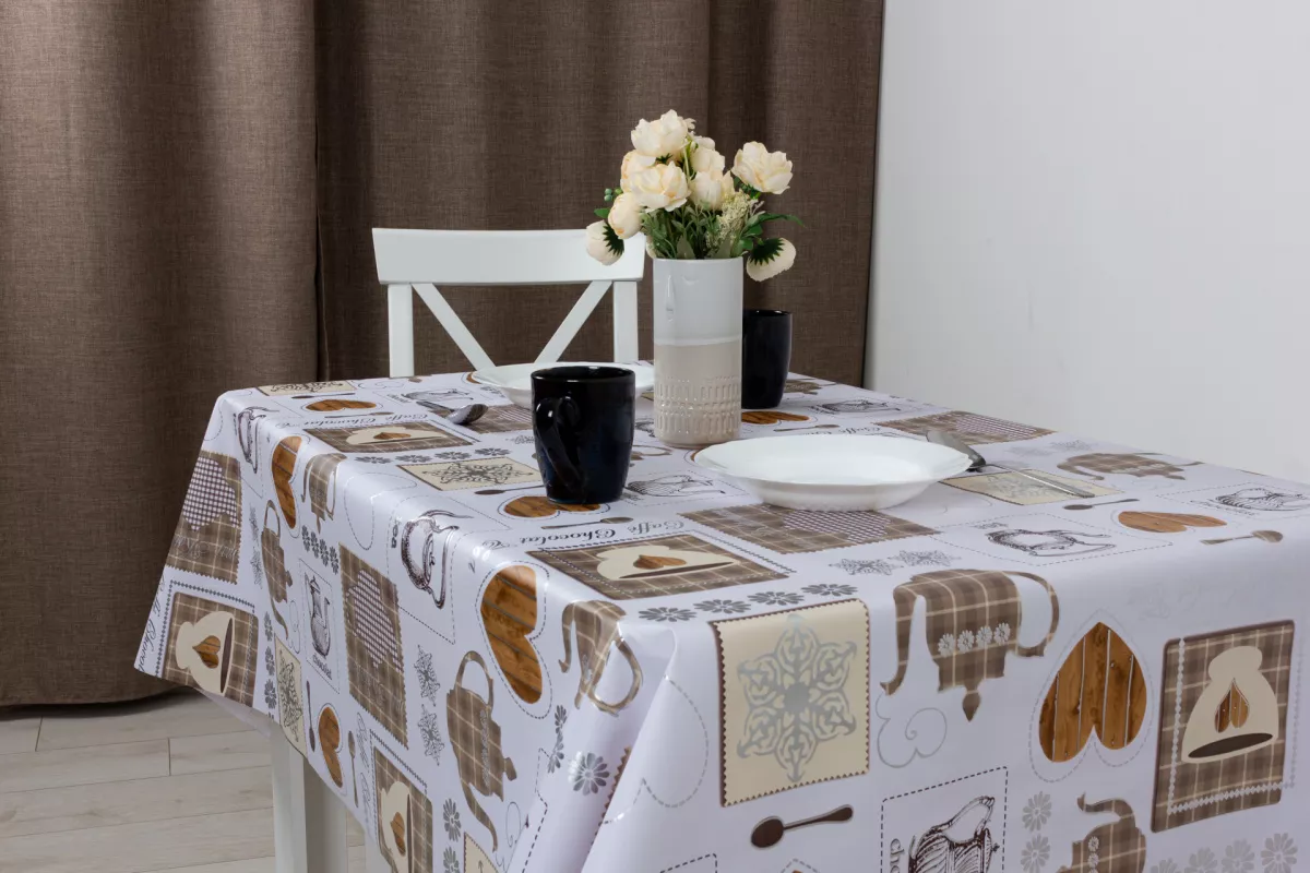 Клеенка Флора Кофе и чай кремовая 140см ПВХ с основой арт.12862 по цене 