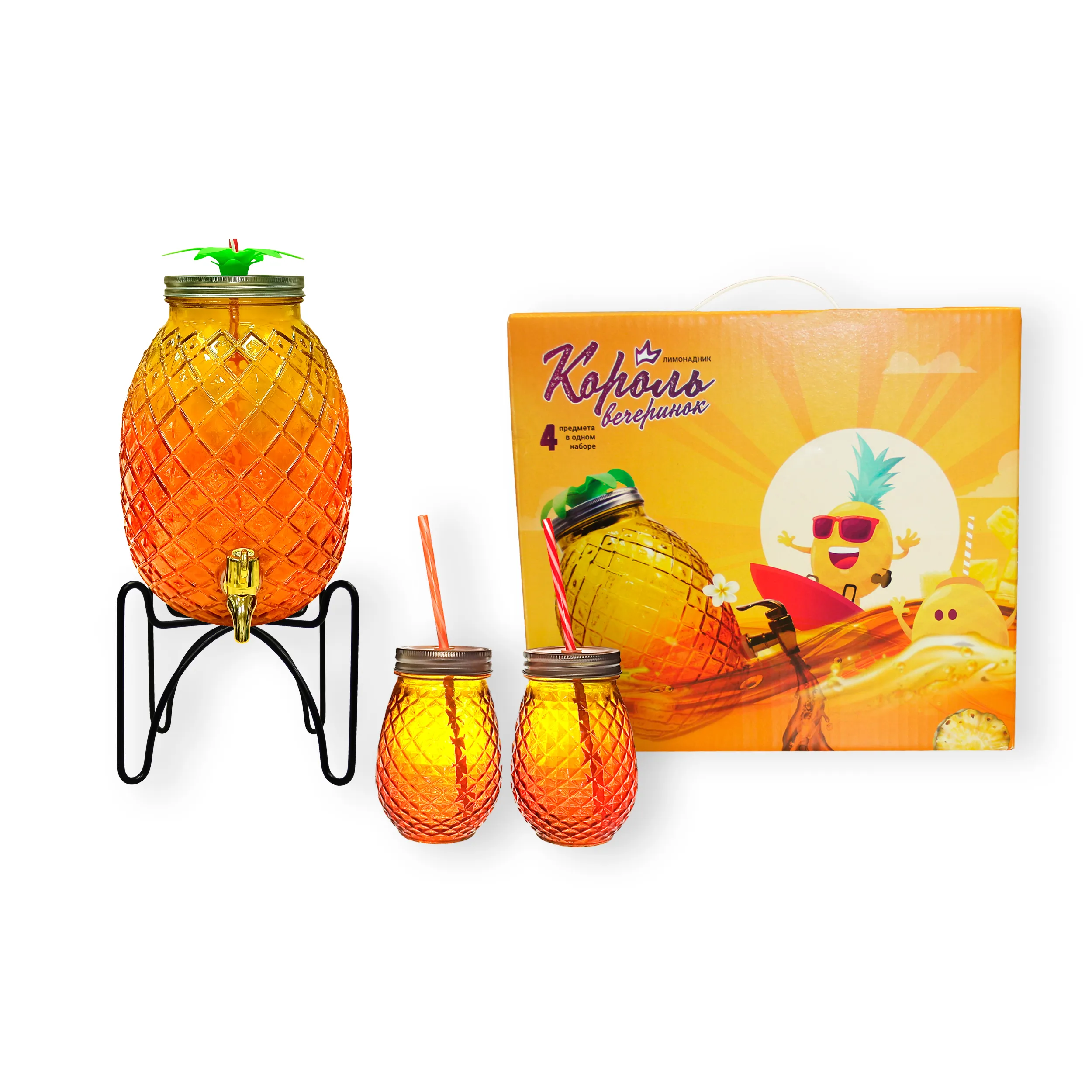 Лимонадник Король вечеринок 4,6л, кружки 0,5л 4шт, подставка, стекло по цене 