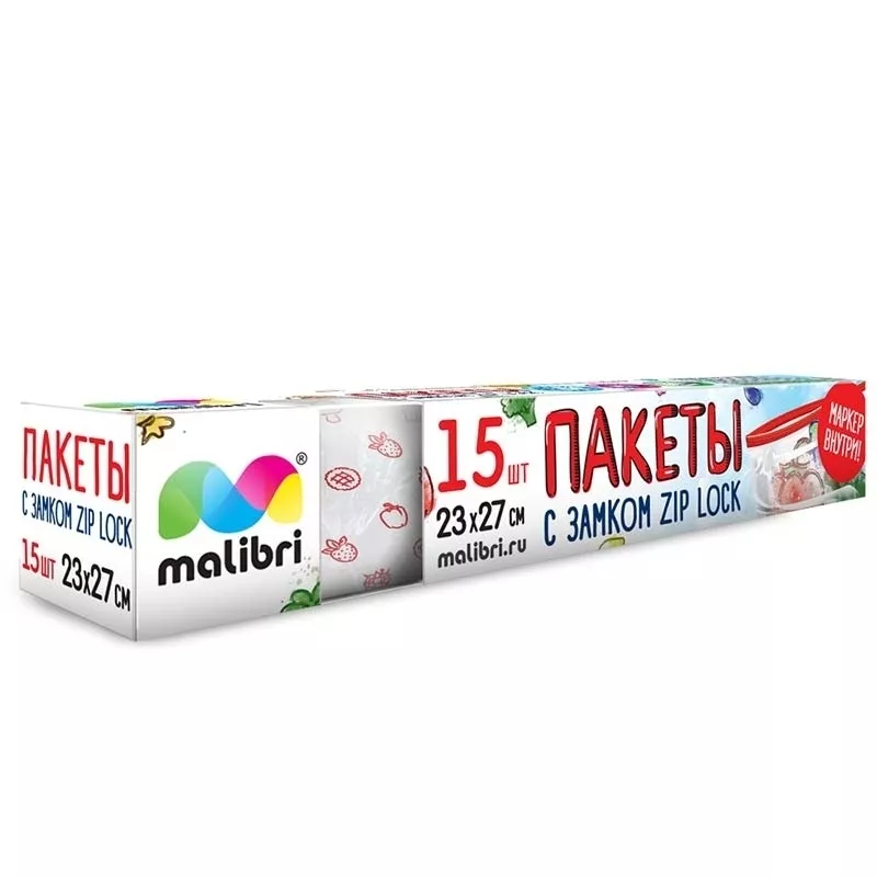 Пакеты Малибри для хранения и заморозки продуктов зип-лок, маркером 23x27см 15шт арт.1003-008 по цене 