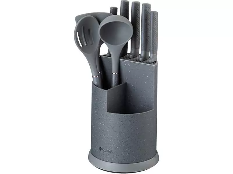 Набор Агнесс 9пр: 5 ножей, половник, лопатка и шумовка, подставка, цвет серый, пластик арт.671-205 по цене 